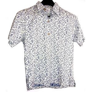 Vintage HRH His Royal Highness Blue White Hawaiian Aloha Shirt Wood Buttons M